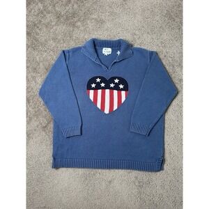 Vintage Mens The Quaker Factory Stars Stripes American Flag Heart Sweater, Sz XL